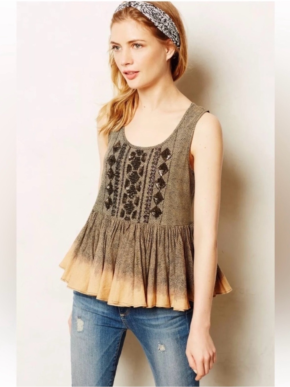 Anthropologie Embroidered Sleeveless Peplum Top in Olive and Tan, size M